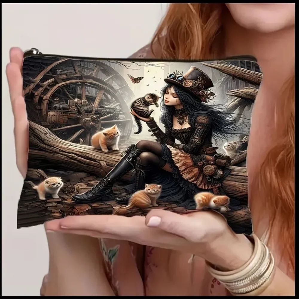 Steampunk Girl & Kittens Cosmetic Bag - Black and Brown